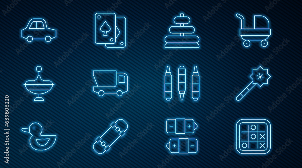 Set line Tic tac toe game, Magic wand, Pyramid toy, Toy truck, Whirligig, car, Marker pen and Playing cards icon. Vector Set line Tic tac toe game, Magic wand, Pyramid toy, Toy truck, Whirligig, car, Marker pen and Playing cards icon. Vector