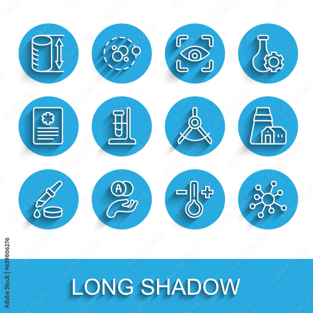 Set line Pipette, Atom, Height geometrical figure, Thermometer, Molecule, Test tube flask on stand, Power station plant and Drawing compass icon. Vector Set line Pipette, Atom, Height geometrical figure, Thermometer, Molecule, Test tube flask on stand, Power station plant and Drawing compass icon. Vector