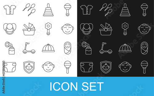 Set line Rattle baby toy, Newborn infant swaddled, Little boy head, Pyramid, Baby stroller, dummy pacifier, t-shirt and icon. Vector