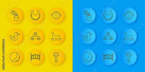 Set line Beach ball, Rubber duck, Toy car, Rattle baby toy, Baby potty, Breast pump, Little boy head and bib icon. Vector