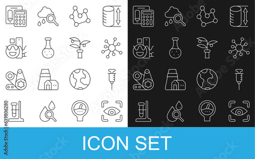 Set line Eye scan, Syringe, Molecule, Chemical formula, Test tube, Basic geometric shapes, Calculator and Plant breeding icon. Vector