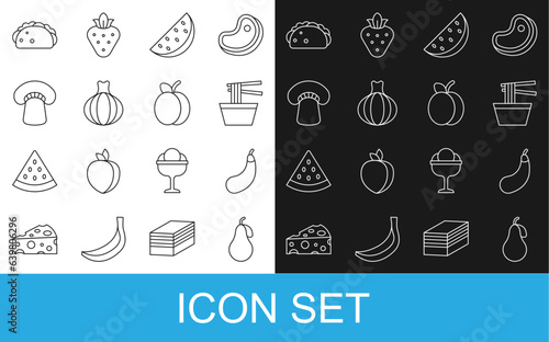 Set line Pear  Eggplant  Asian noodles in bowl  Watermelon  Onion  Mushroom  Taco with tortilla and Plum fruit icon. Vector