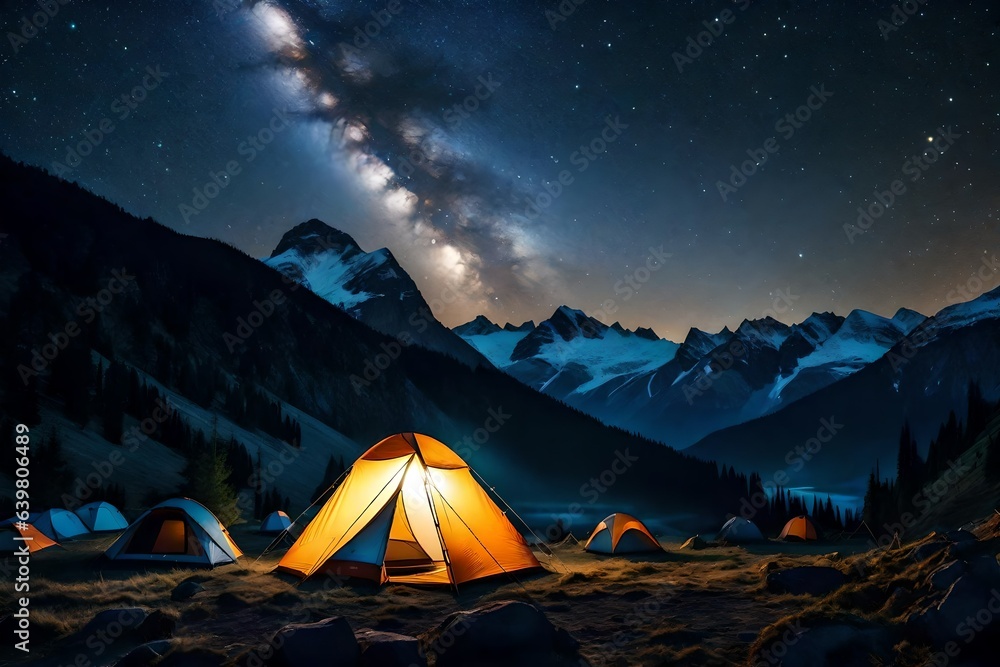 a cozy tent pitched against the backdrop of towering mountains, with a clear night sky adorned with stars above
