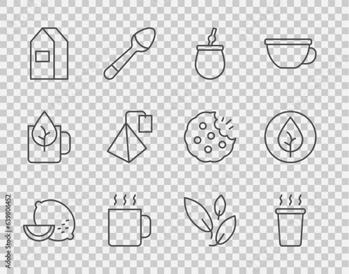 Set line Lemon, Cup of tea, Mate, Paper package for milk, Tea bag, leaf and icon. Vector