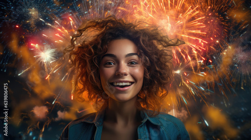 Front view smiley woman with fireworks