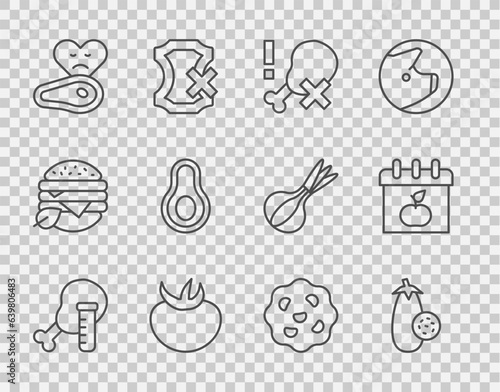 Set line Genetically modified chicken, Eggplant, No leg, Tomato, Steak meat, Avocado fruit, Cookie or biscuit and World Vegetarian day icon. Vector