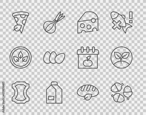 Set line Leather, Acorn, Cheese, Paper package for milk, Vegan pizza slice, Chicken egg, bread loaf and Sprout icon. Vector