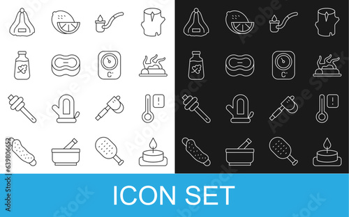 Set line Aroma candle, Sauna thermometer, Campfire, ladle, Bar of soap, Essential oil bottle, hat and icon. Vector