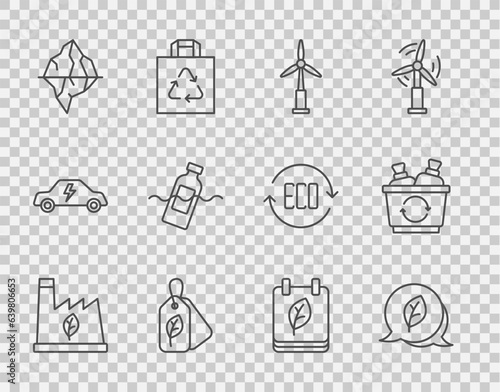 Set line Plant recycling garbage, Leaf Eco symbol, Wind turbine, Tag with leaf, Iceberg, The problem of pollution, Calendar autumn leaves and Recycle icon. Vector
