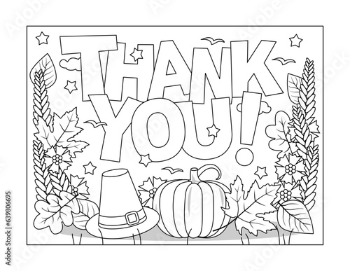 Thanksgiving Day holiday coloring page wth "Thank you!" message