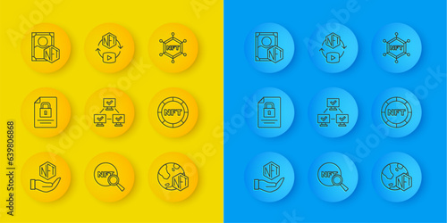 Set line NFT Digital crypto art, Document and lock, blockchain technology, and icon. Vector