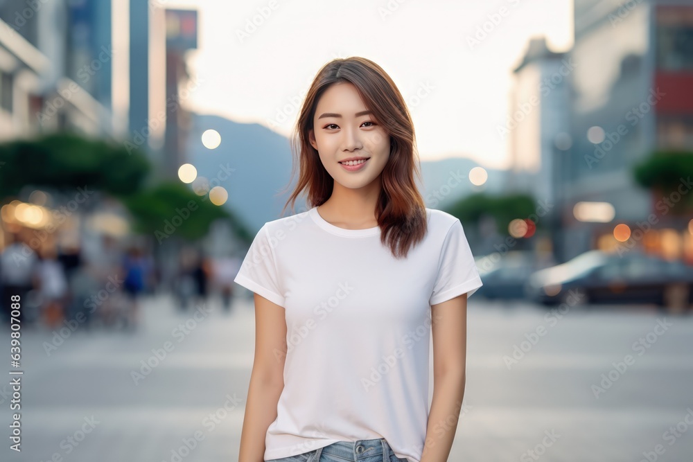Portrait of a beautiful asian woman in white t-shirt. generative ai 