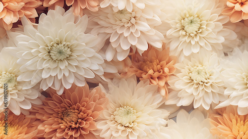 orange and yellow softpastel flowers autumn chrysanthemums and dahlias pastel background september realistic nature