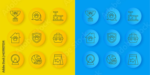 Set line Hamster wheel, Pet house, Animal health insurance, Food for fish, carry case, award symbol, Cat scratching post with toy and Paw print icon. Vector