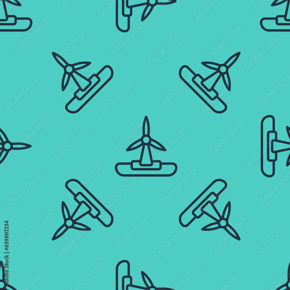 Black line Wind turbine icon isolated seamless pattern on green background. Wind generator sign. Windmill for electric power production. Vector Black line Wind turbine icon isolated seamless pattern on green background. Wind generator sign. Windmill for electric power production. Vector