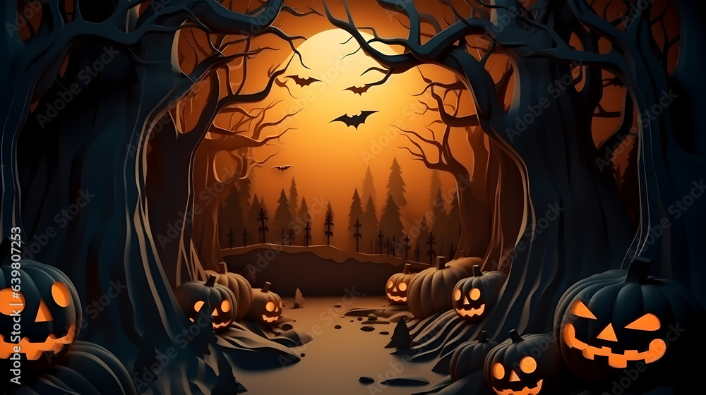 3D illustration horror night Halloween day theme in paper art style on dark forest background frame