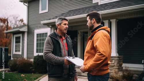 Home inspector discusses issues with homeowner photo