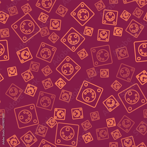 Brown line Drum machine icon isolated seamless pattern on red background. Musical equipment. Vector