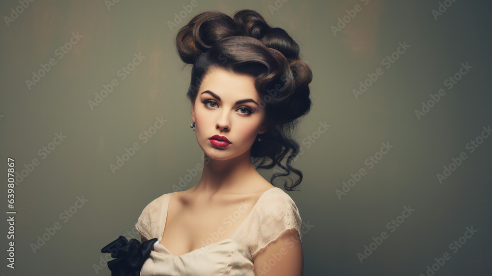Fototapeta premium Vintage style high fashion portrait with empty copy space on the side. Generative AI.