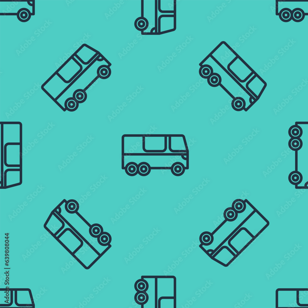 Black line Bus icon isolated seamless pattern on green background. Transportation concept. Bus tour transport. Tourism or public vehicle symbol. Vector Black line Bus icon isolated seamless pattern on green background. Transportation concept. Bus tour transport. Tourism or public vehicle symbol. Vector