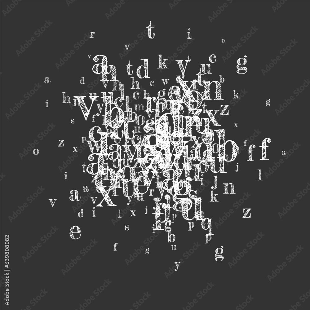 Scattered letters of latin alphabet. White chalk Scattered letters of latin alphabet. White chalk