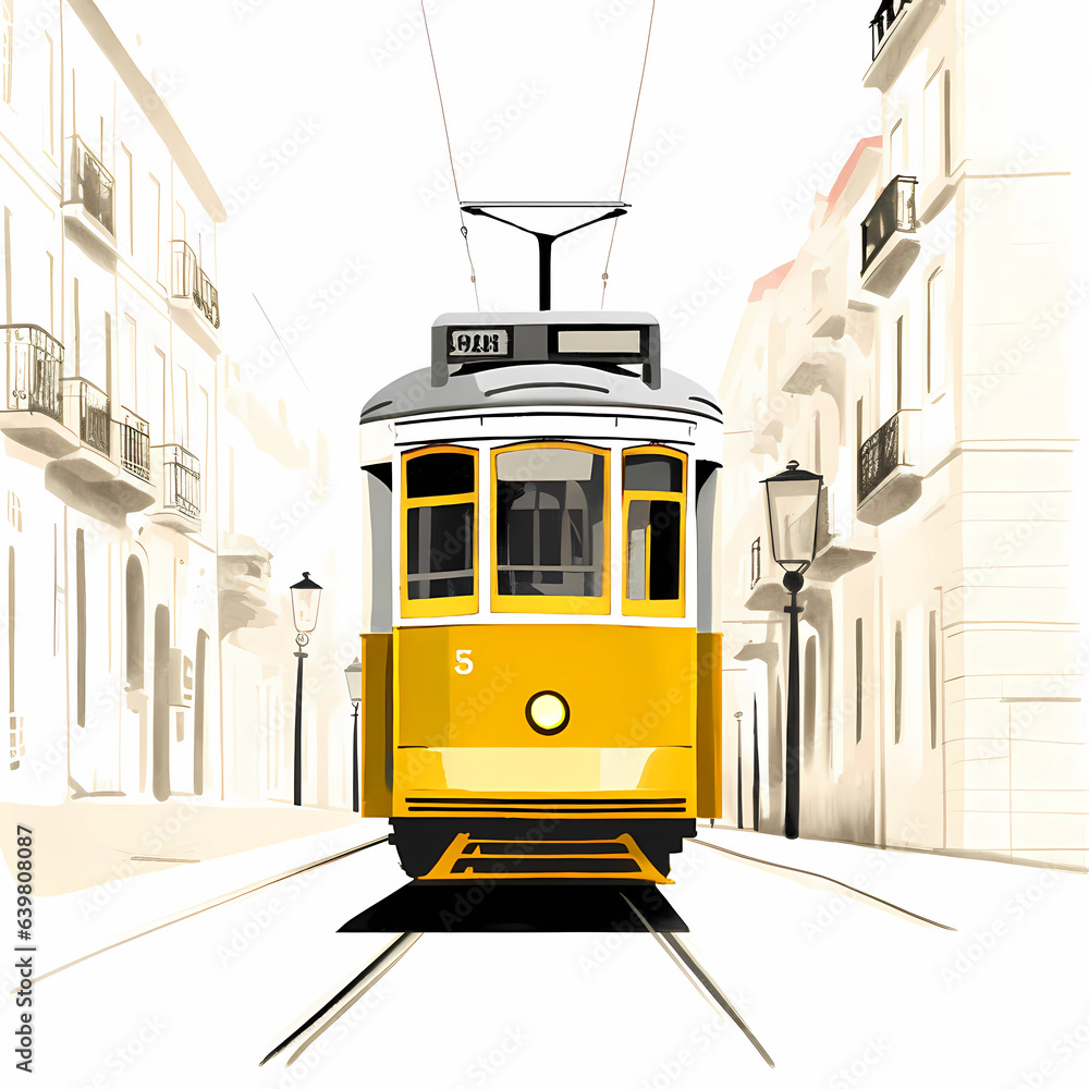Illustration of a portuguese city with a tram, Portugal