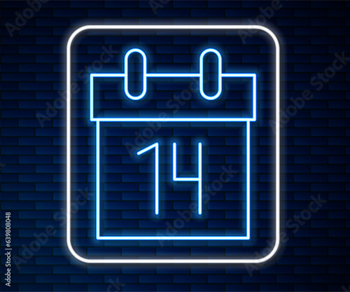 Glowing neon line Calendar icon isolated on brick wall background. Event reminder symbol. Vector