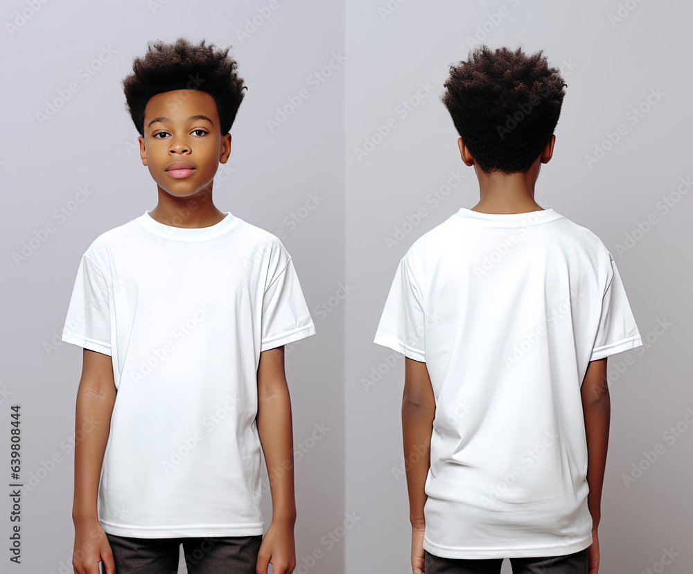 Front and back views of a little boy wearing a white T-shirt Front and back views of a little boy wearing a white T-shirt