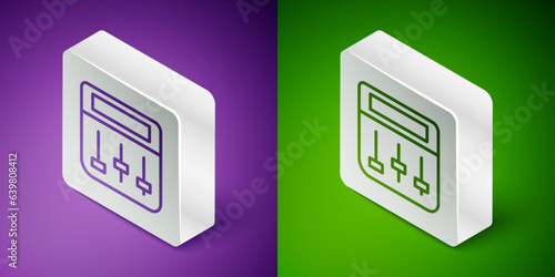 Isometric line Drum machine music producer equipment icon isolated on purple and green background. Silver square button. Vector