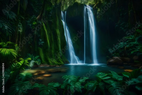 a hidden waterfall oasis in the heart of a dense  vibrant jungle  conveying the thrill of uncovering hidden gems