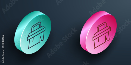 Isometric line Sauna brush icon isolated on black background. Wooden brush with coarse bristles for washing in the bath. Anti cellulite massage. Turquoise and pink circle button. Vector