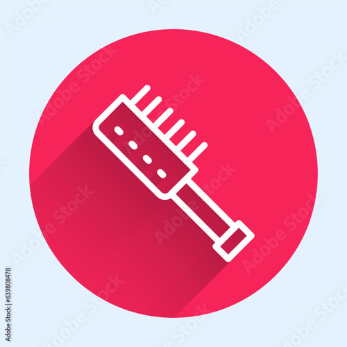White line Sauna brush icon isolated with long shadow background. Wooden brush with coarse bristles for washing in the bath. Anti cellulite massage. Red circle button. Vector