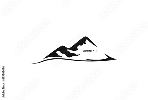 Minimal mountain landscape logo design. Simple adventure vector with a sun icon. Explore the mountains