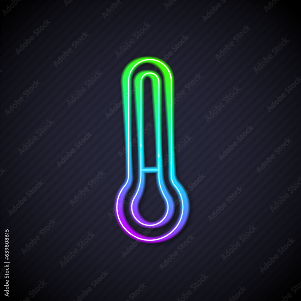 Glowing neon line Meteorology thermometer measuring icon isolated on black background. Thermometer equipment showing hot or cold weather. Vector Glowing neon line Meteorology thermometer measuring icon isolated on black background. Thermometer equipment showing hot or cold weather. Vector