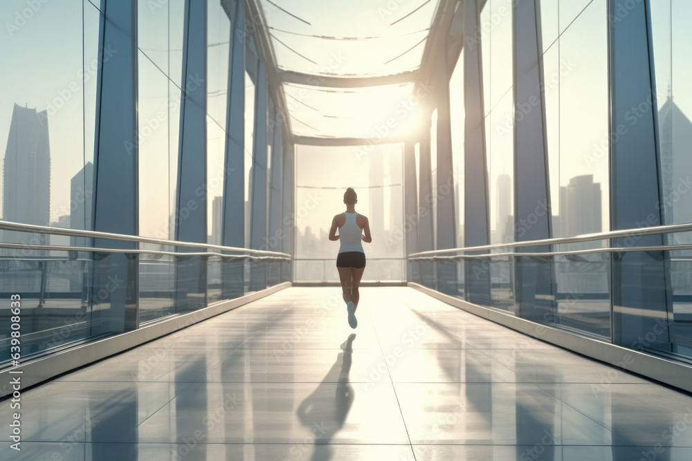 Fototapeta premium woman in sports runs along a large city bridge