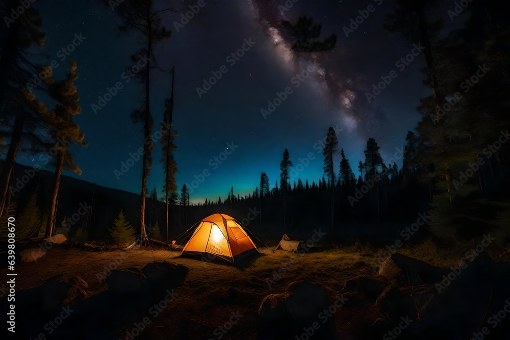 a tent illuminated by the warm glow of a crackling campfire, set within a dense forest under a starlit sky