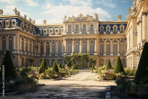 Garden and facade of the palace of versailles. Beautiful gardens outdoors near Paris, France. The Palace Versailles was a royal chateau and was added to the UNESCO list. Generative AI photo