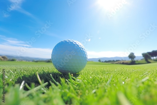 Golf ball placed in a green lawn with a natural background.