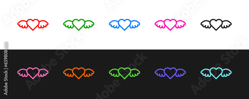 Set line Heart with wings icon isolated on black and white background. Love symbol. Happy Valentines day. Vector