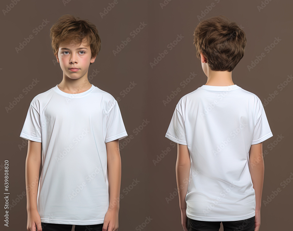 Front and back views of a little boy wearing a white T-shirt Front and back views of a little boy wearing a white T-shirt