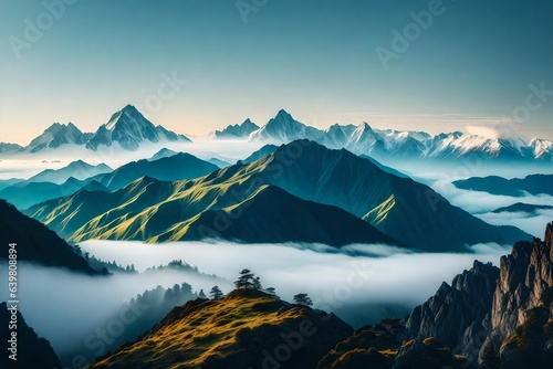 a majestic mountain range shrouded in mist, evoking a sense of tranquility and awe-inspiring grandeur