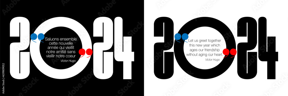 2024 - 2 versions d’une carte de vœux poétique avec une typographie graphique et une citation en français ou en anglais de l’écrivain « Victor Hugo ». 2024 - 2 versions d’une carte de vœux poétique avec une typographie graphique et une citation en français ou en anglais de l’écrivain « Victor Hugo ».
