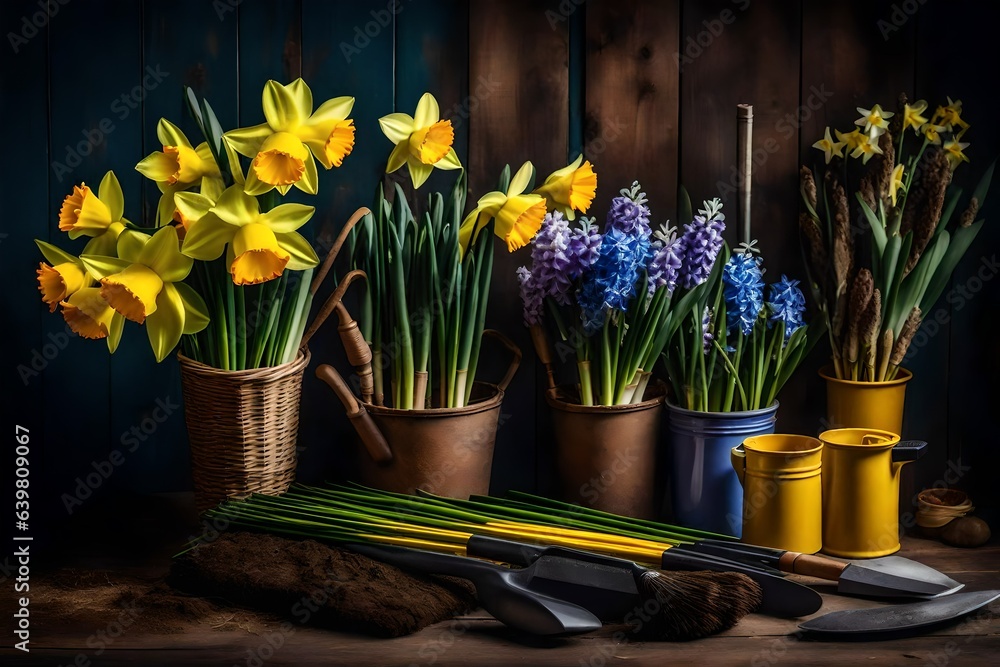 A bouquet of daffodils and hyacinths placed beside a collection of gardening tools