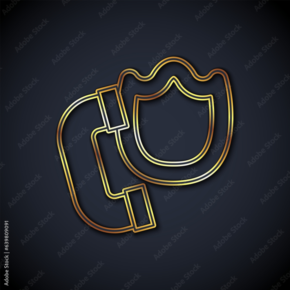 Gold line Telephone handset with security shield icon isolated on black background. Phone sign. Vector Gold line Telephone handset with security shield icon isolated on black background. Phone sign. Vector