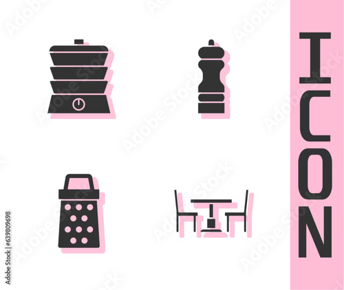Set Wooden table with chair, Slow cooker, Grater and Pepper icon. Vector