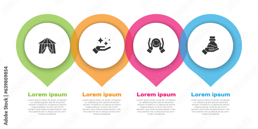 Set Circus tent, Sparkle stars with magic trick, Magic ball on hand and Bottle potion. Business infographic template. Vector Set Circus tent, Sparkle stars with magic trick, Magic ball on hand and Bottle potion. Business infographic template. Vector