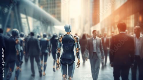Ai, artificial intelligence, abstract motion blur image of robot and people crowd walking in city downtown, business center concept, Cinematic color tone, Generative AI