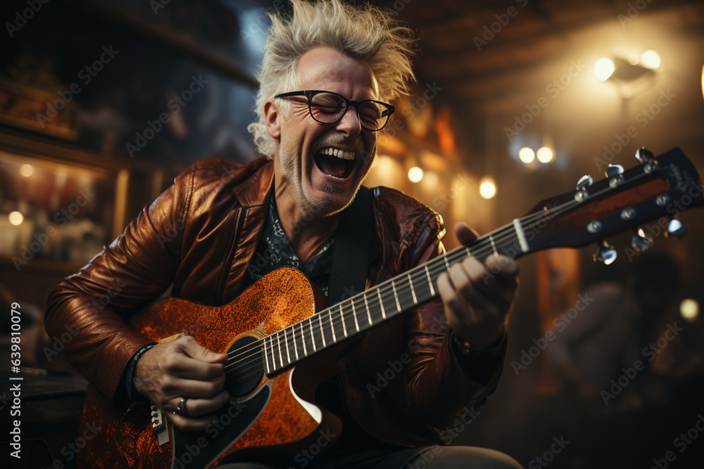 Fototapeta premium funny man playing guitar and singing song