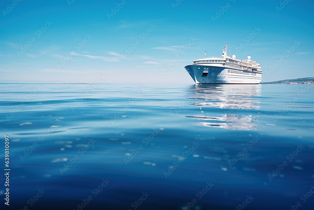 A huge cruise line travels across the sea. Sea travel vacation. Seascape overlooking a cruise liner. Passenger liner on the high seas. Tourist travel in the ocean.