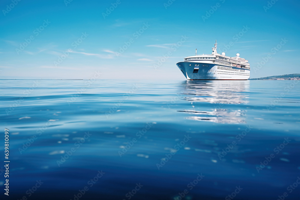A huge cruise line travels across the sea. Sea travel vacation. Seascape overlooking a cruise liner. Passenger liner on the high seas. Tourist travel in the ocean. A huge cruise line travels across the sea. Sea travel vacation. Seascape overlooking a cruise liner. Passenger liner on the high seas. Tourist travel in the ocean.
